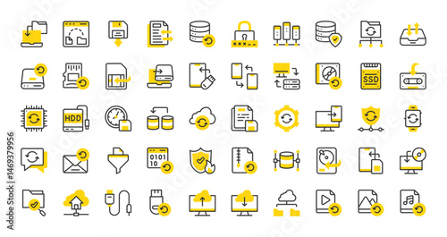 Set of backup vector stroke icons. such as Cloud Sync, Data, Restore, Database, Folder, File Transfer, External Storage, Plug In, Video, Data Exchange, Sim, Database, Tape, Data, Email illustration. 