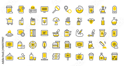 Set of Bad habits vector stroke icons. such as Overdose, Nail Biting, Abuse, Pornography, Ghb, Watching Tv, Sex Addict, Steroids, Sweet Food, Cigarette, Movie, Wasteful, Selfie, Crack illustration. 