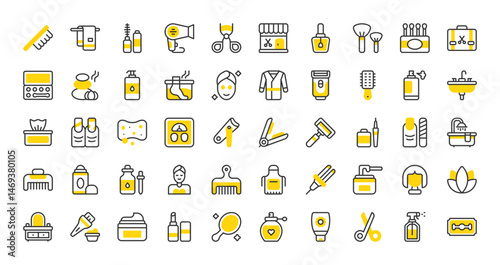 Set of Beauty salon vector stroke icons. such as Towel, Facial Mask, Wax, Bath Tub, Nail Clipper, Scissors, Serum, Manicure, Hair Clip, Spray Bottle, Lotus, Nail Polish, Moisturizer illustration. 