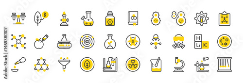 Set of Biochemistry vector stroke icons. such as Filter, Molecular Structure, Molecule, Settings, Microscope, Orbital Shaker, Distilling, Flask, Gas Mask, Beaker, Chemical Reaction illustration.