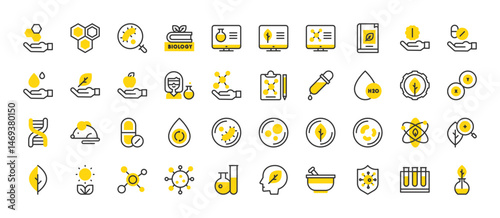 Set of Biology vector stroke icons. such as Microbe, Pills, Biology, Apple, Dna, Drop, Leaf, Clipboard, Virus, Computer, Search, Biologist, Plant, Computer, Atom, Molecule, Mortar, Pill illustration. 