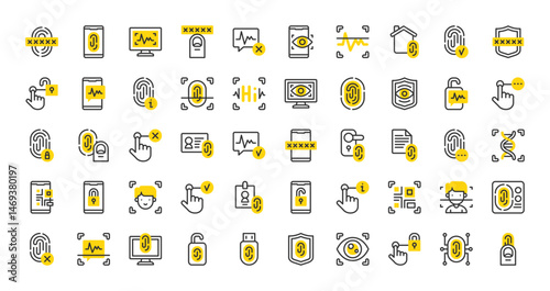 Set of Biometrics vector stroke icons. such as Information , Facial Recognition, Voice Recognition, Access, Eye Scan, Finger Scanner, Identification, Password, Barcode Scan, Facial illustration.