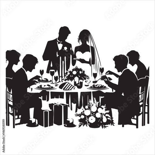 Celebratory Wedding Banquet Silhouettes Guests Eating and Mingling  , black colour vactor 