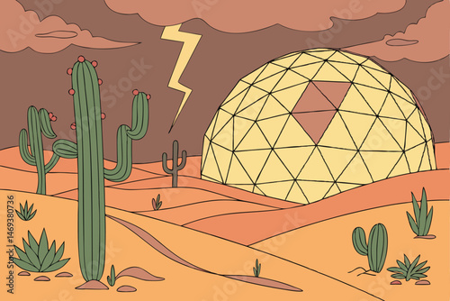 4 Surreal desert landscape, giant geometric sphere, colorful faceted orb, vibrant flowering cacti, dramatic stormy sky, lightning bolt, golden hour lighting, digital art, dreamlike atmosphere, hyper-r