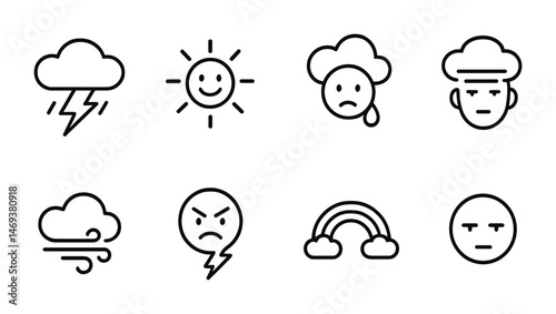 Weather emotions outline icons set – linear, line, climate and mood symbols