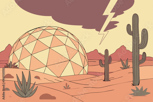4 Surreal desert landscape, giant geometric sphere, colorful faceted orb, vibrant flowering cacti, dramatic stormy sky, lightning bolt, golden hour lighting, digital art, dreamlike atmosphere, hyper-r