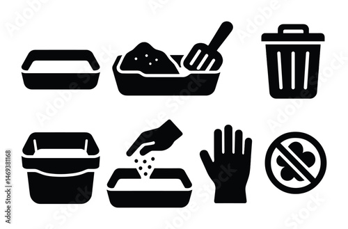 Pet care solid icons set – filled, silhouette, animal maintenance symbols