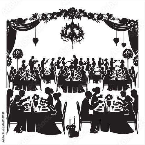 Celebratory Wedding Banquet Silhouettes Guests Eating and Mingling  , black colour vactor 