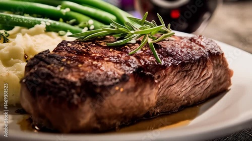Grilled juicy steak served with mashed potatoes, green beans and rosemary garnish on a white plate, delicious looking dinner food photography