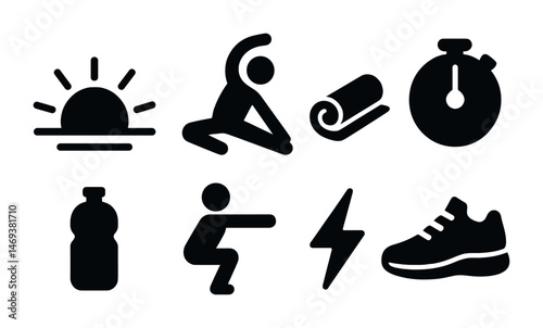 Fitness and exercise silhouette icons set – workout, gym, sports symbols