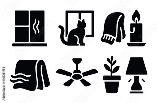 Home and decor silhouette icons set – solid, flat, interior design graphics