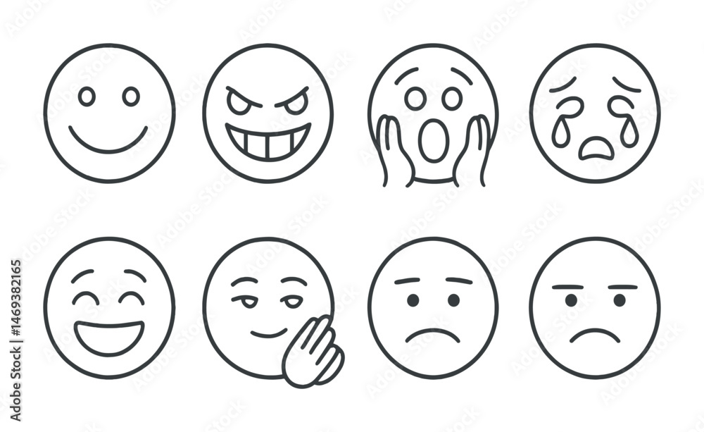 Emoticons outline icons set – expressive, linear, face emotions symbols