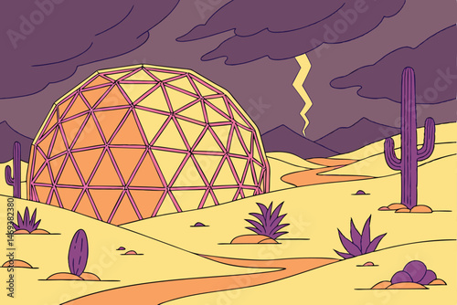 4 Surreal desert landscape, giant geometric sphere, colorful faceted orb, vibrant flowering cacti, dramatic stormy sky, lightning bolt, golden hour lighting, digital art, dreamlike atmosphere, hyper-r