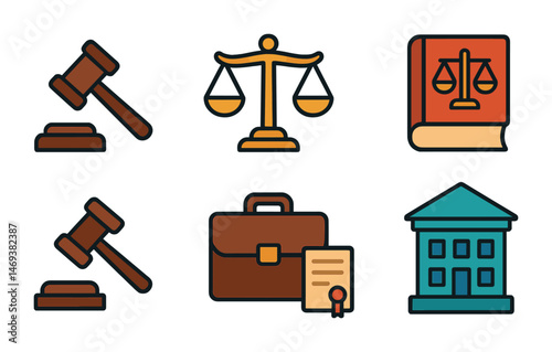 Law and justice flat icons set – legal, courtroom, attorney symbols
