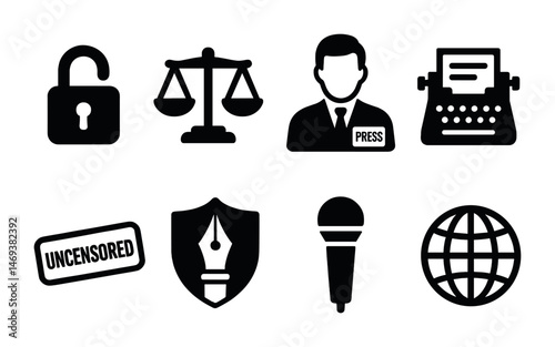Media and communication silhouette icons set – flat, filled, journalism symbols
