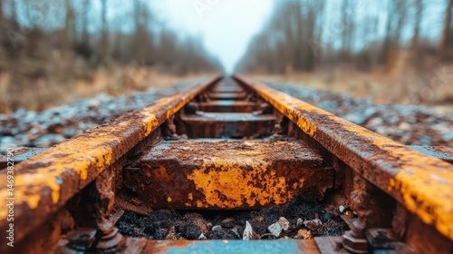 A close-up view of a rustic railway track, revealing its weathered texture and rustiness, which beautifully contrasts against a blurred backdrop of a deserted landscape. photo