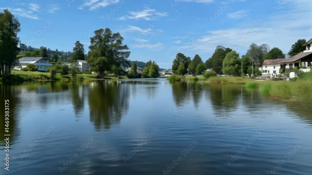 Scenic tranquil river view on a sunny day with lush trees, houses on the banks, and reflections on the clear water surface Scenic tranquil river view on a sunny day with lush trees, houses on the banks, and reflections on the clear water surface
