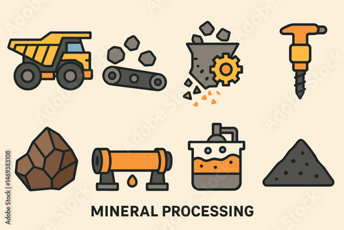 Mineral processing flat icons set – solid, filled, industry and mining symbols