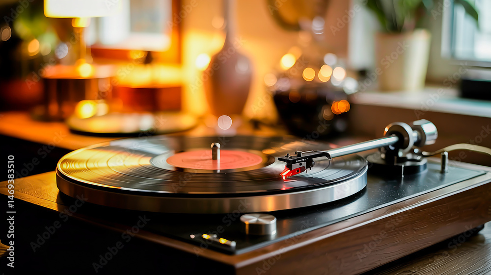 Fototapeta premium Warm-Lit Vinyl Record Player on a Wooden Table