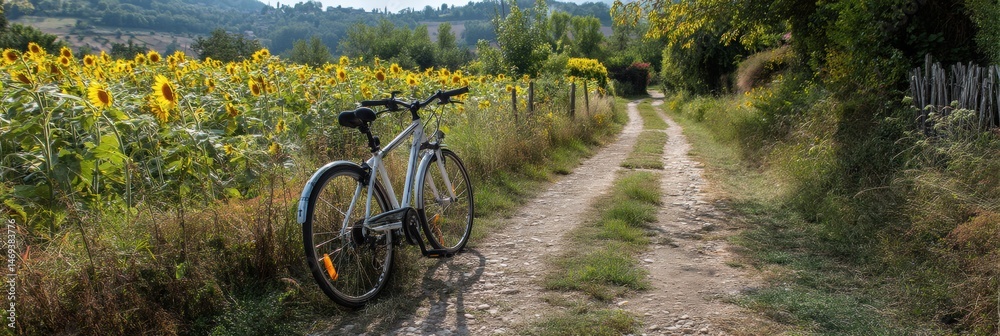 Bicycle Parked on a Rural Path Surrounded by Vibrant Sunflowers During a Sunny Day Generative AI