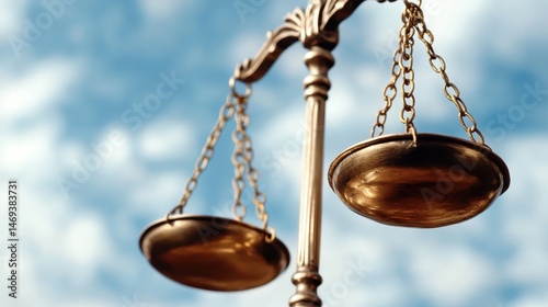 An ornate metal balance scale positioned under a blue sky symbolizes justice, fairness, and the unwavering principles of law that govern societies and human interactions. photo