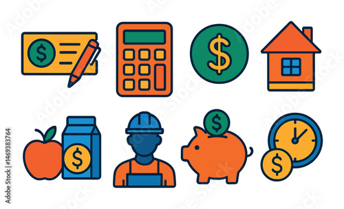 Finance and budgeting icons set – colorful, outline, money and savings symbols