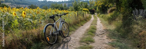 Obraz na płótnie Bicycle Parked on a Rural Path Surrounded by Vibrant Sunflowers During a Sunny Day Generative AI w salonie