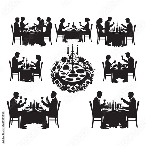 Celebratory Wedding Banquet Silhouettes Guests Eating and Mingling  , black colour vactor 