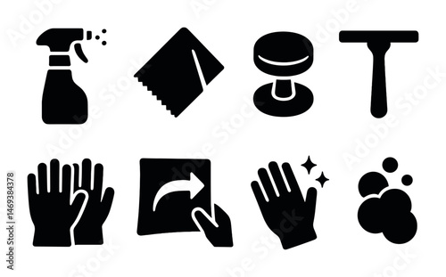 Cleaning solid icons set – filled, hygiene, sanitation tools