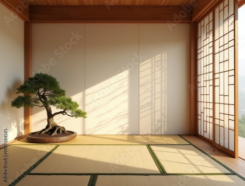 Meditation space in Japanese minimalism – rice paper walls, tatami, bonsai, shoji screens, natural wood, soft diffused light.