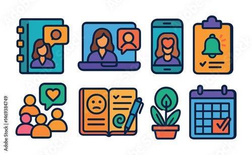 Communication and social media icons set – flat, outline, networking symbols