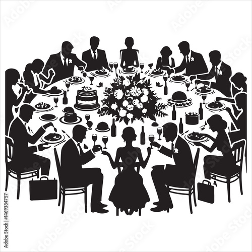 Celebratory Wedding Banquet Silhouettes Guests Eating and Mingling  , black colour vactor 