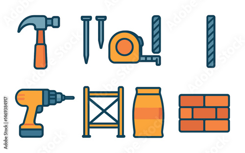 Construction tools icons set – outline, linear, building and construction symbols