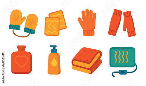 Winter essentials flat icons set – cozy, warm, seasonal symbols for chilly days