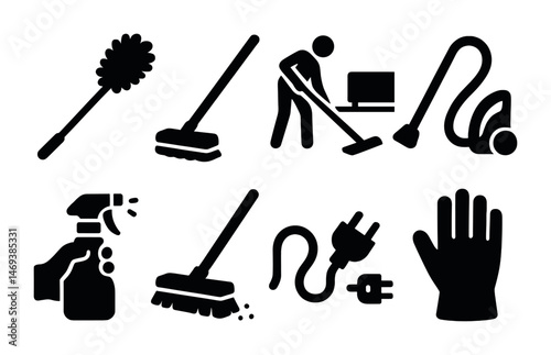 Cleaning tools solid icons set – filled, household and sanitation symbols