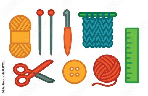 Craft and sewing icons set – flat, colorful, knitting and diy visuals