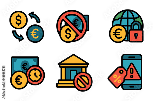 Finance and currency icons set – flat, filled, banking and exchange symbols