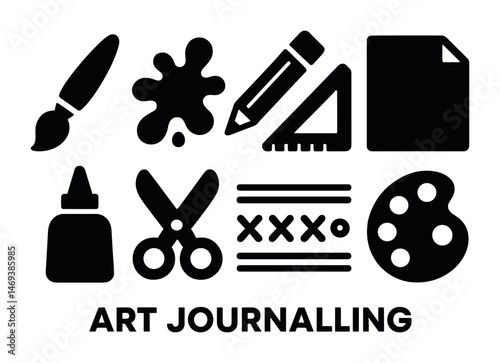 Art journaling solid icons set – creative, filled, drawing and crafting tools