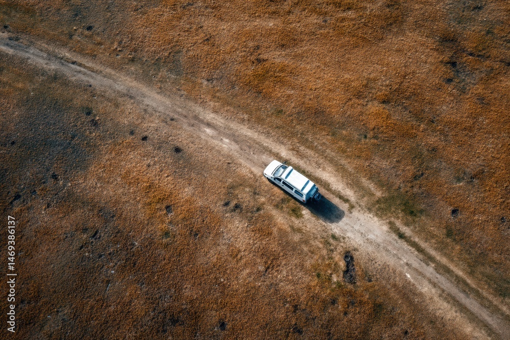 Van Parked in an Open Field Surrounded by Grass and Dirt Roads During a Sunny Day Generative AI