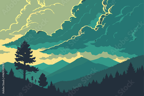 6 Dramatic stormy sky, vibrant turquoise and teal clouds, golden light breaking through, mountainous landscape, dark silhouettes, moody atmosphere, oil painting style, high contrast, ethereal glow, fa