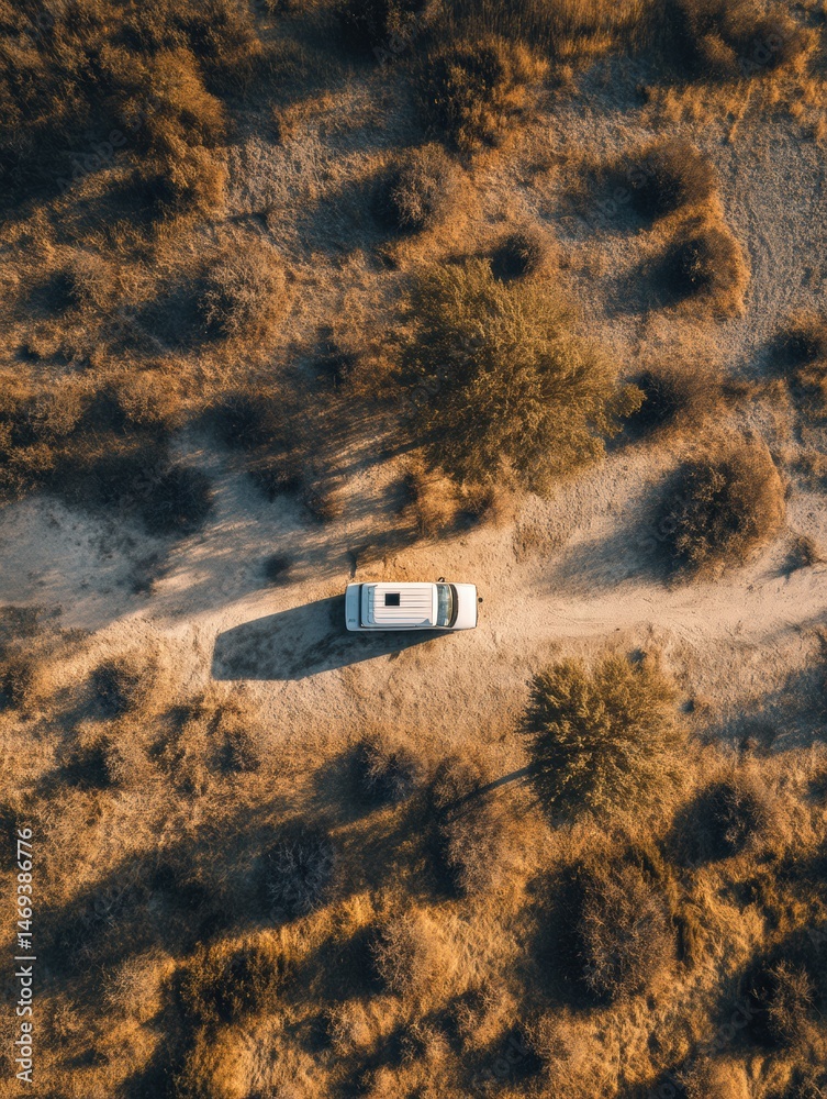 Birds-eye View of a Van Parked in a Sunny Open Field Surrounded by Nature and Sparse Vegetation in a Remote Area Generative AI