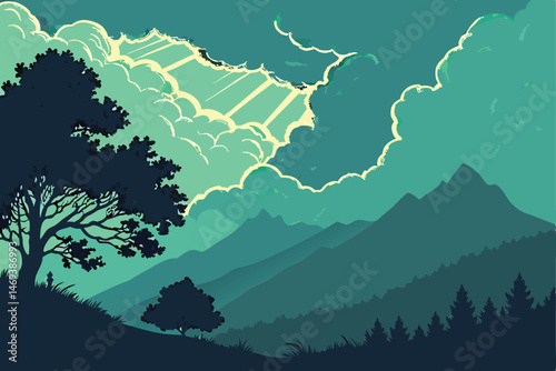 6 Dramatic stormy sky, vibrant turquoise and teal clouds, golden light breaking through, mountainous landscape, dark silhouettes, moody atmosphere, oil painting style, high contrast, ethereal glow, fa