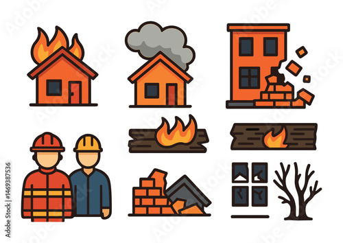 Disaster emergency flat icons set – filled, crisis and safety response symbols