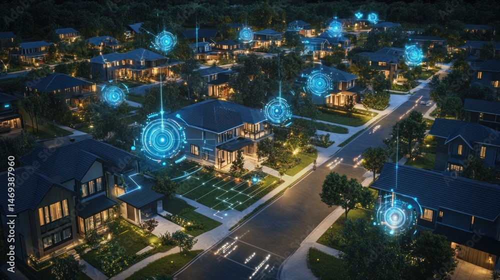 Fototapeta premium Smart home neighborhood at night