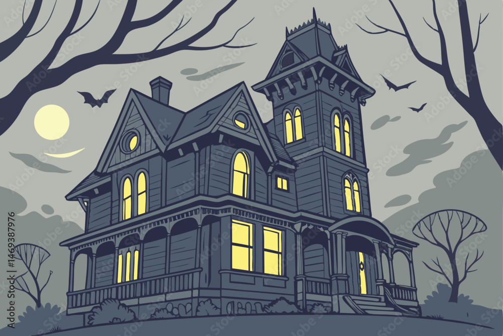 custom made wallpaper toronto digital7 Dark blue Victorian haunted house, intricate wooden details, glowing yellow windows, spooky atmosphere, moonlit night, Gothic architecture, towering turret, wraparound porch, detailed 3D render, sha