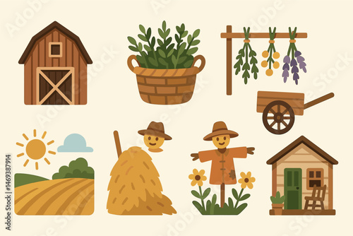 Farm and agriculture flat icons set – village, rural, harvest and farm life symbols