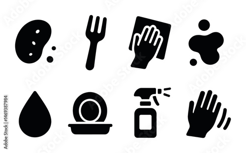 Cleaning tools solid icons set – flat, filled, housekeeping and sanitation symbols