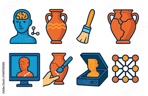 Ancient history icons set – flat, cultural heritage and archaeology symbols