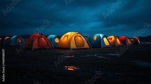 Illuminated Tents in a Camping Under a Dramatic Night Sky Adventure