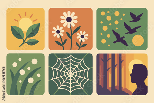 Nature and wildlife icons set – flat, silhouette, flora and fauna symbols